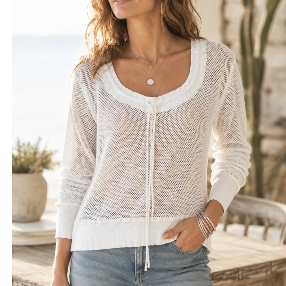 Johnny Was Pete & Greta Mesh Pullover Top SZ S Cream Designer Boho Coastal